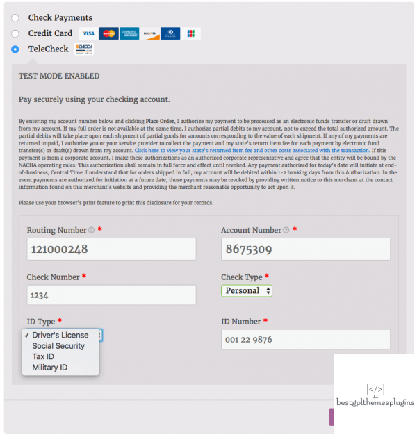 woocommerce first data telecheck form 1