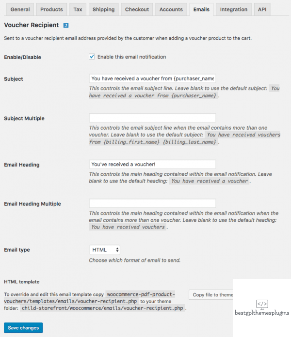 woocommerce pdf vouchers recipient email settings