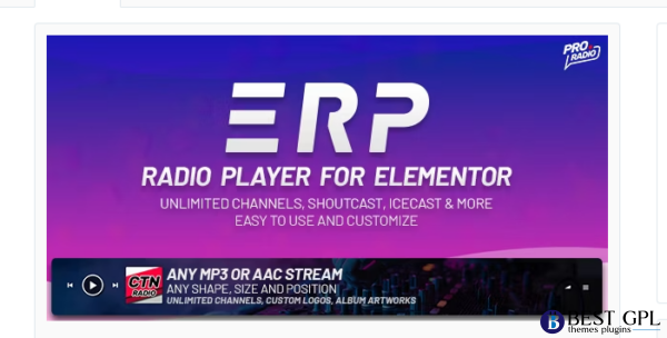 Erplayer E28093 Radio Player for Elementor supporting Icecast Shoutcast and more