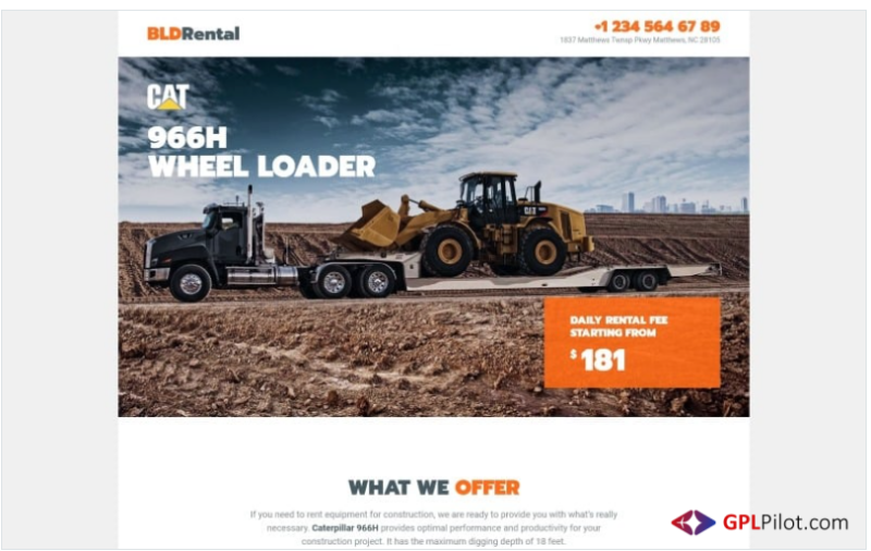 BLDRental - Equipment Rental Landing Page Template