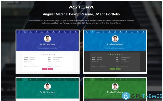 Astera – Resume, CV and Portfolio Angular Material Design Website Template