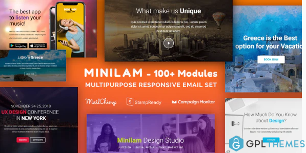 Minilam Multipurpose Email Set with 100 Modules MailChimp Editor StampReady Online Builder