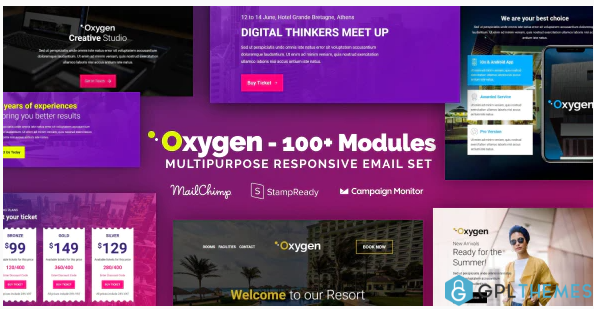 Oxygen Multipurpose Email Set with 100 Modules MailChimp Editor StampReady Online Builder