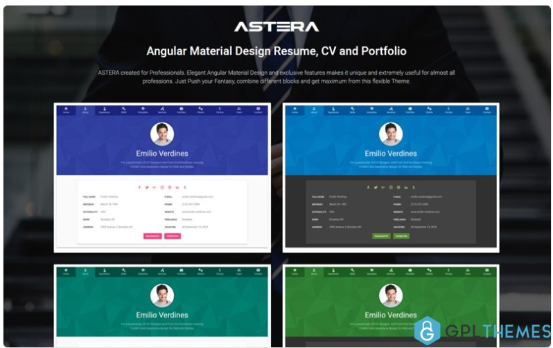 Astera Resume CV and Portfolio Angular Material Design Website Template