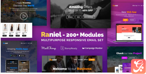 Raniel - Multipurpose Email Set with 200+ Modules + MailChimp Editor + StampReady + Online Builder