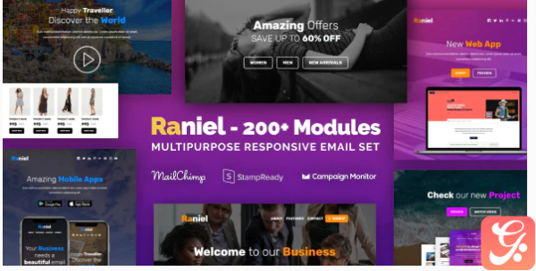 Raniel Multipurpose Email Set with 200 Modules MailChimp Editor StampReady Online Builder