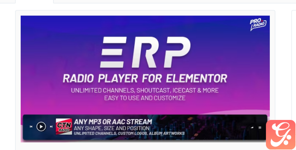 Erplayer E28093 Radio Player for Elementor supporting Icecast Shoutcast and more