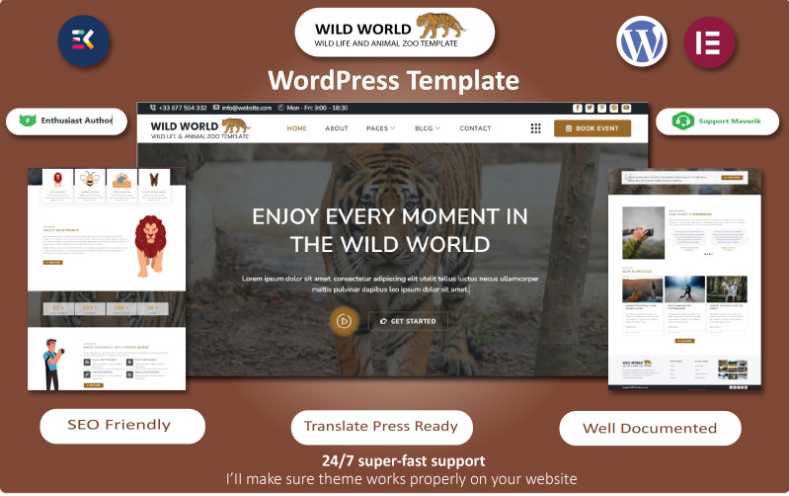 Wild World - Wild Life, Animal Zoo, Reptile & Photography Template WordPress Theme