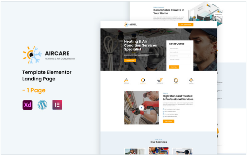 Aircare – Heating and Air Condition Services Ready to use Elementor Landing Page Template(m)