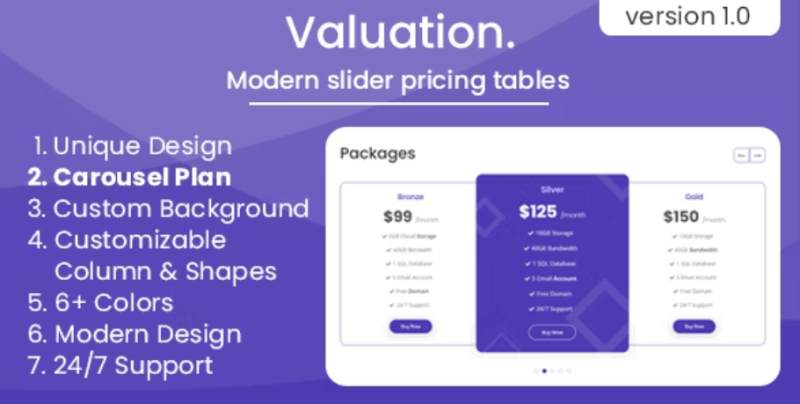 Valuation Modern slider pricing tables