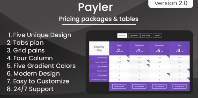 Payler Pricing Packages Tables