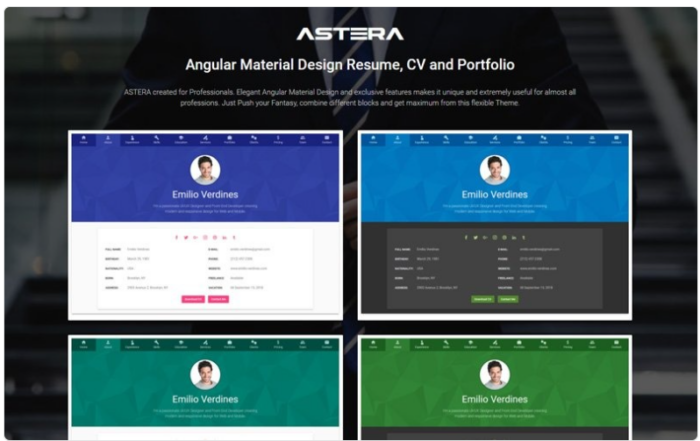 Astera - Resume, CV and Portfolio Angular Material Design Website Template 1.0