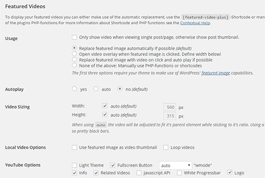 featured video settings