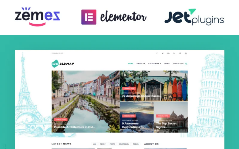 WorldMap Travel Photo Blog Elementor WordPress Theme