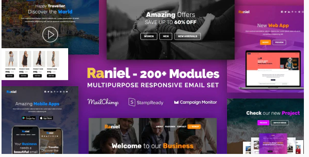 Raniel Multipurpose Email Set with 200 Modules MailChimp Editor StampReady Online Builder