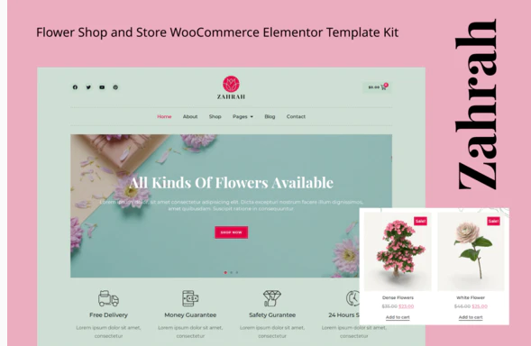 Zahrah Flower Shop Store WooCommerce Elementor Template Kit