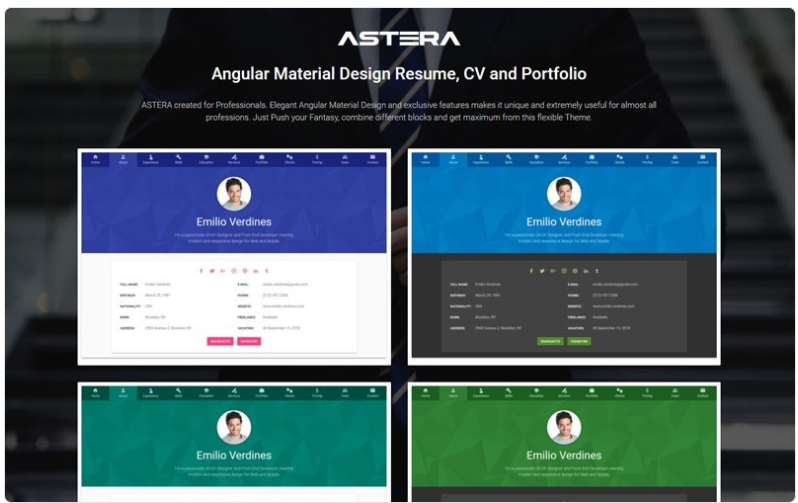 Astera Resume CV and Portfolio Angular Material Design Website Template