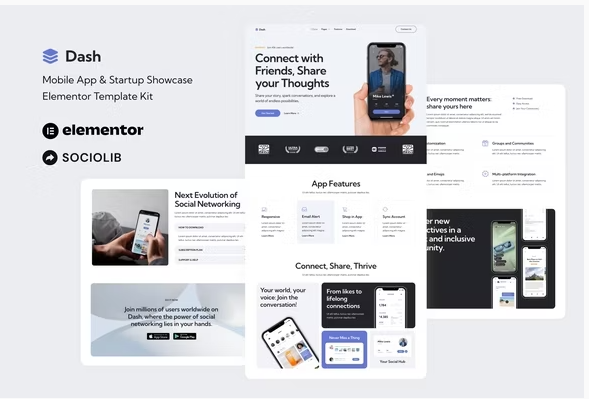 Dash - Mobile App & Startup Showcase Elementor Template Kit