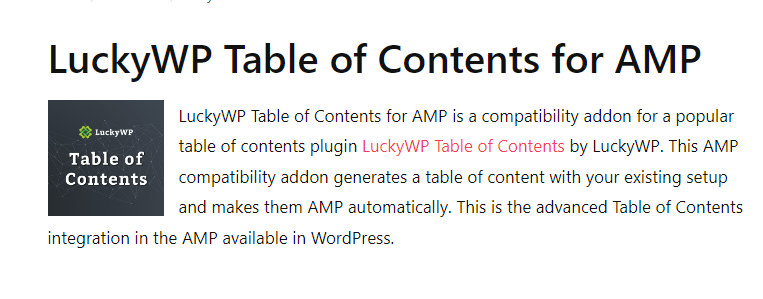 LuckyWP Table of Contents for AMP 1.1.9