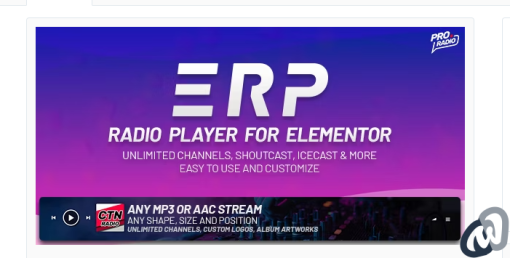 Erplayer E28093 Radio Player for Elementor supporting Icecast Shoutcast and more