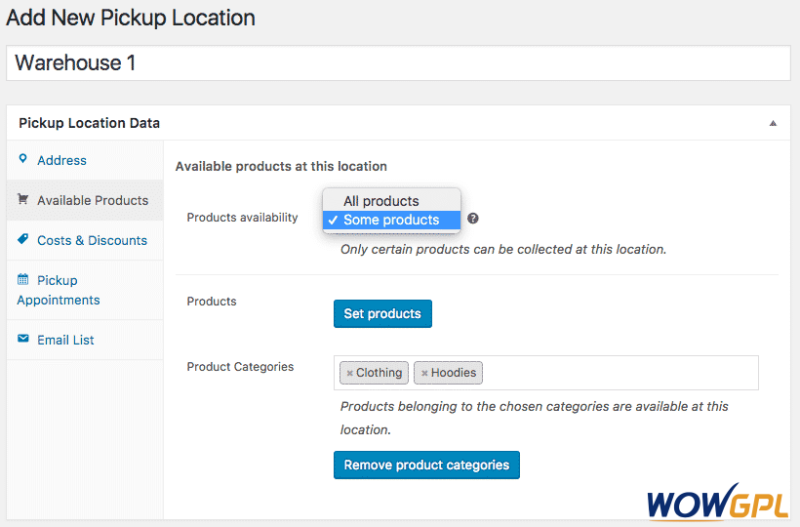 woocommerce local pickup plus add location products